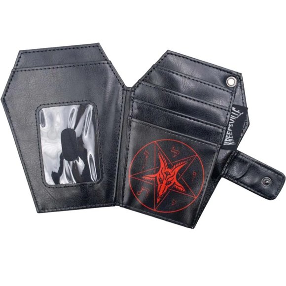 Baphomet Coffin Shape Black Bi-Fold Wallet Vegan Leather Chain Hole NWT - Picture 2 of 3